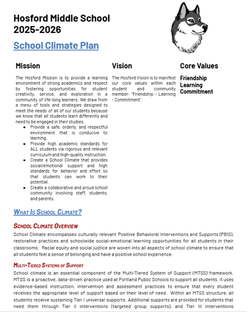 Front Page of Hosford School Climate Plan. Click to read the whole thing